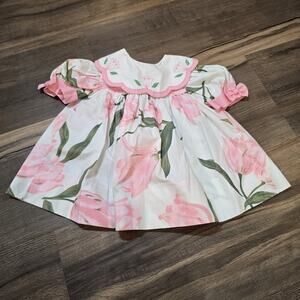 80s 90s Vintage Pink White Flower Floral Baby Girl Dress Puff Sleeve Bows 12 Mo